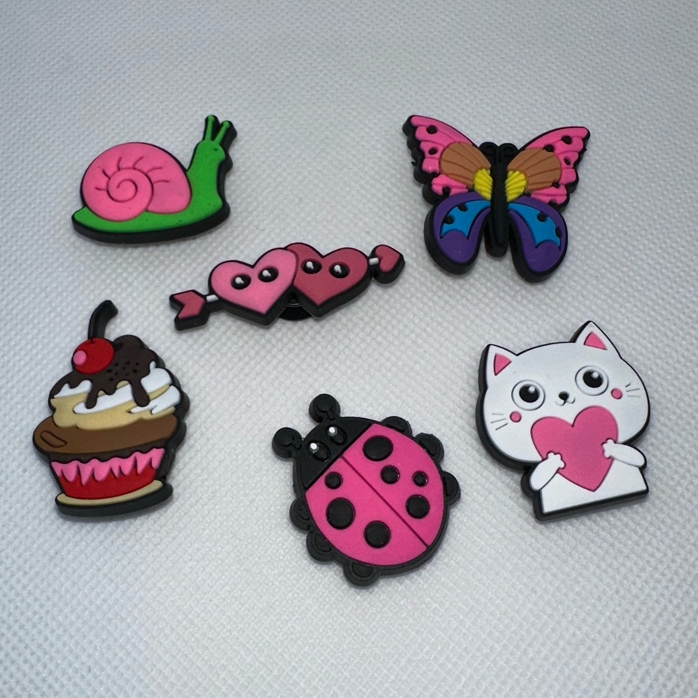Valentines/Spring Shoe Charms- Set #1-6pieces -Hearts Cat Butterfly Ladybug-NWOT